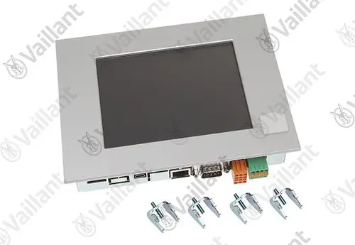 Vaillant Display mit einem flachen, schwarzen Bildschirm und mehreren Anschlüssen auf der Rückseite, einschließlich USB- und Verbindungsklemmen.